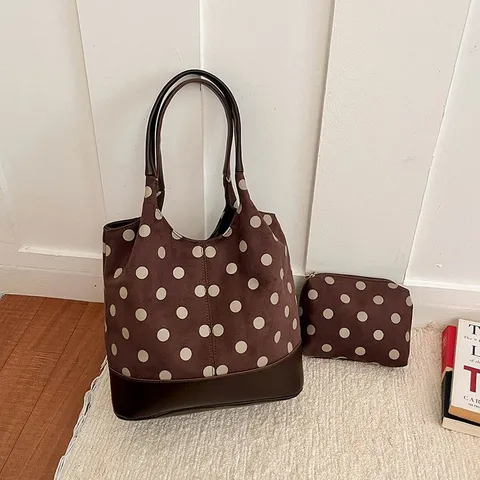 Vintage Polka Dot Tote Bag Voor Dames Grote Capaciteit PU Leer Schoudertas Met Kleine Pouch Casual Handbag