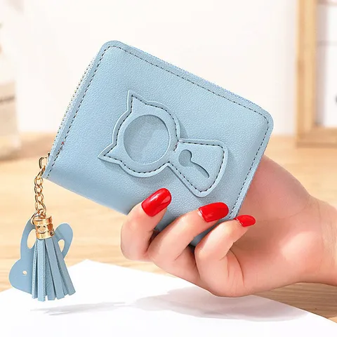Women Mini Short Wallet PU Leather Cat Cutout Zipper Coin Purse With Tassel Pendant Student Card Holder Small Wallet