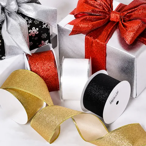 Glitter Wired Edge Ribbon For Christmas Decoration Sparkle Metallic Overlock Ribbon Roll For DIY Crafts Gift Wrapping Bows