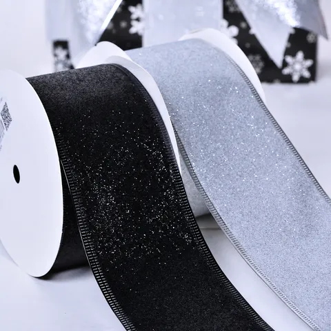 Glitter Wired Edge Ribbon For Christmas Decoration Sparkle Metallic Overlock Ribbon Roll For DIY Crafts Gift Wrapping Bows