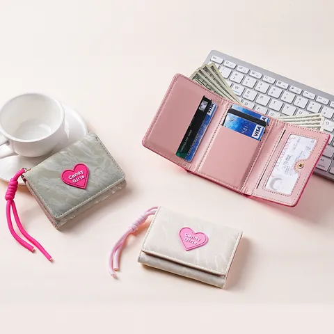Women's Short Wallet PU Leather Heart Pattern Candy Color Multi-slot Card Holder Coin Purse With Braided Hand Rope