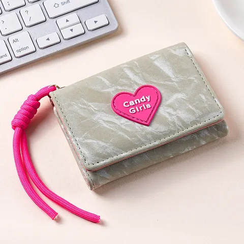 Women's Short Wallet PU Leather Heart Pattern Candy Color Multi-slot Card Holder Coin Purse With Braided Hand Rope