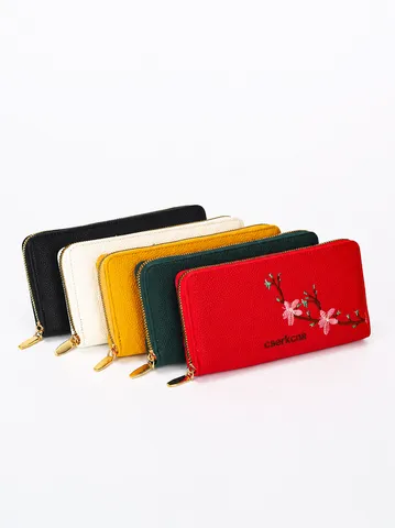 Cartera Larga de Moda para Mujer Bordado Floral Textura de Lichi de Cuero PU Bolso de Mano con Cremallera Multiranura