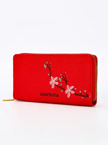 Cartera Larga de Moda para Mujer Bordado Floral Textura de Lichi de Cuero PU Bolso de Mano con Cremallera Multiranura