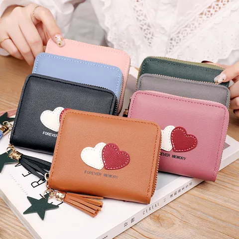 Koreaanse Stijl Dames PU Leer Korte Portemonnee Met Contrast Hart Patchwork Kwastje Hanger Mini Rits Portemonnee