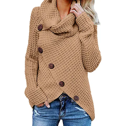 Dames Grof Gebreide Trui Asymmetrische Schuine Knopen Hoge Hals Top Onregelmatige Zoom Casual Lange Mouwen Acryl Jumper
