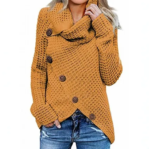 Dames Grof Gebreide Trui Asymmetrische Schuine Knopen Hoge Hals Top Onregelmatige Zoom Casual Lange Mouwen Acryl Jumper