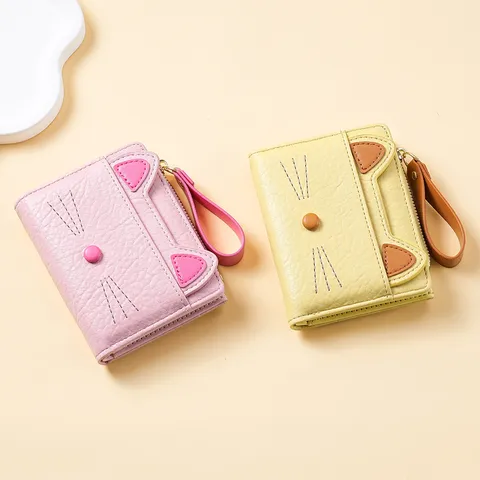 Mignon Chat de Dessin Animé Portefeuille Court pour Femmes en Cuir PU Avec Fermeture Éclair Pression Multi-Emplacements Brodé Porte-Monnaie