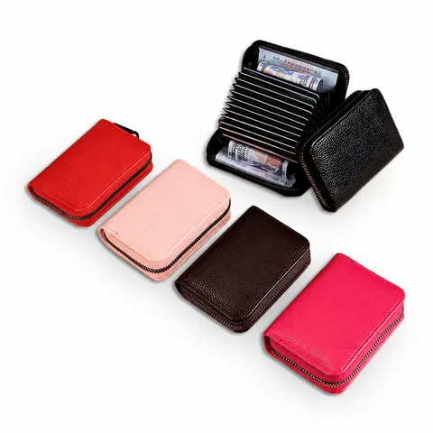 Porte-cartes en Cuir PU Grain de Litchi Portefeuille Blocage RFID Mince Fermeture Éclair Multi-Fentes Porte-monnaie