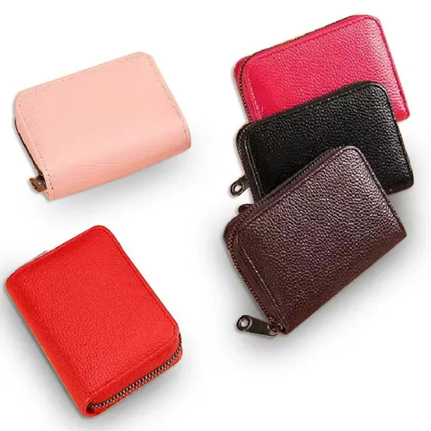 Porte-cartes en Cuir PU Grain de Litchi Portefeuille Blocage RFID Mince Fermeture Éclair Multi-Fentes Porte-monnaie