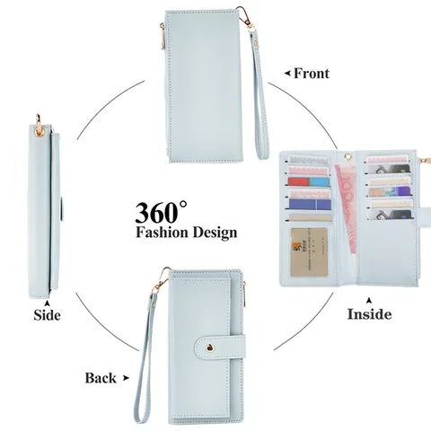 Fashion Casual Women PU Leather Long Wallet Large Capacity Multi-Card Slots Zipper Coin Purse With Wristlet Urban Simple Button Clutch
