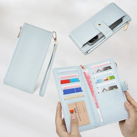 Fashion Casual Women PU Leather Long Wallet Large Capacity Multi-Card Slots Zipper Coin Purse With Wristlet Urban Simple Button Clutch