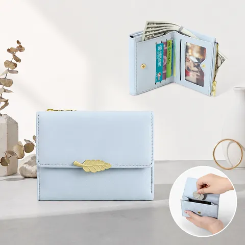 Women Short Wallet PU Leather Minimalist Leaf Buckle Coin Purse Small Card Holder Multi-Functional Foldable Wallet For Daily Use
