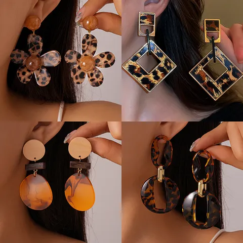 Orecchini Vintage in Acrilico con Stampa Leopardata per Donna Orecchini Pendenti Rotondi Geometrici Cavi Bohemien di Lusso Gioielli Retrò