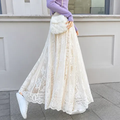 Women's Retro Lace Mesh Petticoat Cheongsam Underskirt A-Line Flare Long Skirt Elastic High Waist Base Layer Skirt Bottom