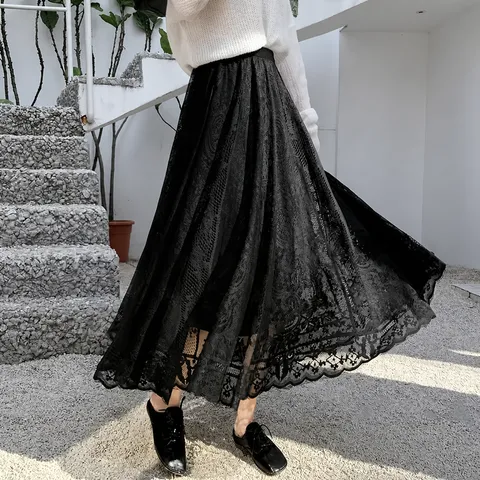 Women's Retro Lace Mesh Petticoat Cheongsam Underskirt A-Line Flare Long Skirt Elastic High Waist Base Layer Skirt Bottom
