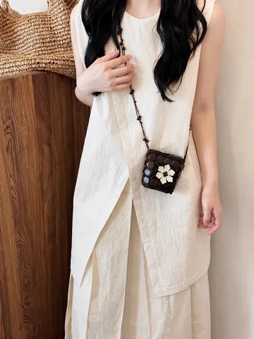 Mini Sac en Coque de Noix de Coco Tissé à la Main Bohémien Porte-monnaie Ethnique Rétro Étui pour Écouteurs Rouge à Lèvres pour Femme