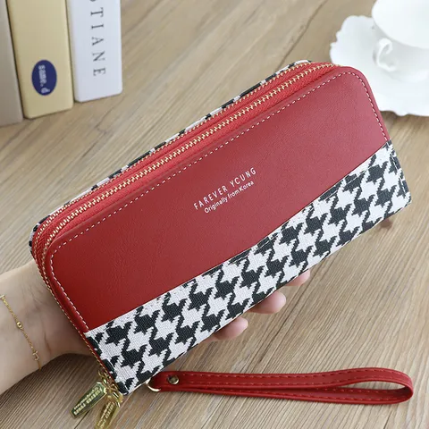 Women Long Wallet PU Leather Houndstooth Patchwork Double Zipper Clutch Purse Large Capacity Card Holder Fashion Handbag