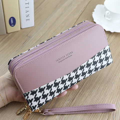 Women Long Wallet PU Leather Houndstooth Patchwork Double Zipper Clutch Purse Large Capacity Card Holder Fashion Handbag