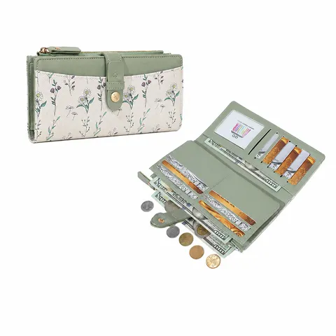 Dames Lange PU Leren Portemonnee Bloemenprint Drievoudig Gevouwen Kaarthouder Grote Capaciteit Met Ritsvak Mode Handtas