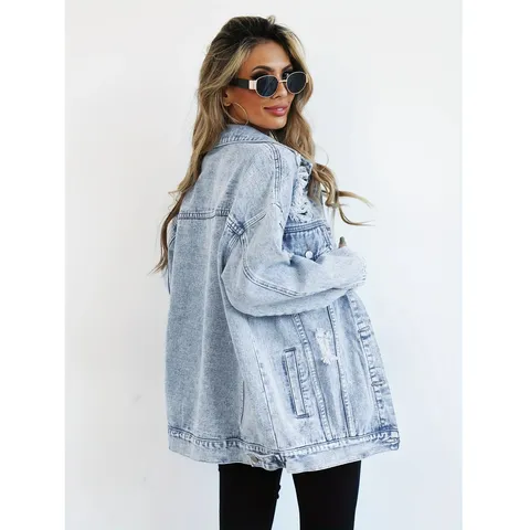 Chaqueta De Mezclilla Distressed Para Mujer Abrigo De Jeans Rotos Lavados Oversize Con Botones Ropa De Abrigo De Manga Larga Streetwear Estilo Callejero Top De Mezclilla Azul