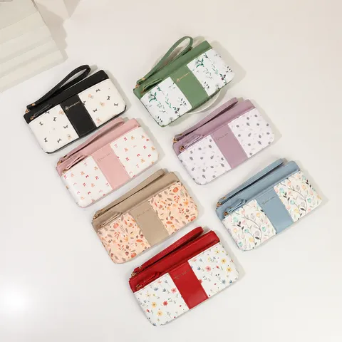 Μινιμαλιστικό Πορτοφόλι από Δέρμα PU με Floral Print για Γυναίκες Μεγάλης Χωρητικότητας Διπλό Φερμουάρ Τσαντάκι Καρπού Urban Στυλ Πορτοφόλι για Κέρματα