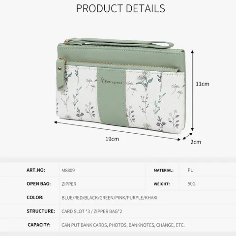 Portafoglio Minimalista in Pelle PU con Stampa Floreale da Donna Grande Capacità Doppia Cerniera Pochette da Polso Stile Urbano Borsa per Monete