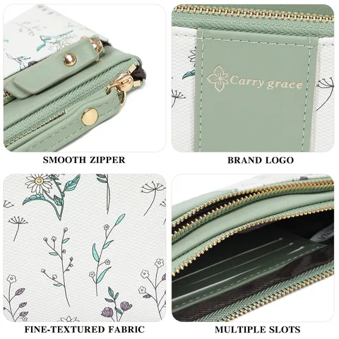 Portafoglio Minimalista in Pelle PU con Stampa Floreale da Donna Grande Capacità Doppia Cerniera Pochette da Polso Stile Urbano Borsa per Monete