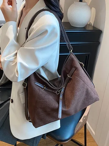 Dames Grote Capaciteit Suède Tote Bag Vintage Stijl Schoudertas Met Metalen Gesp Veelzijdige Woon-Werk Handtas