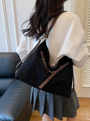 Dames Grote Capaciteit Suède Tote Bag Vintage Stijl Schoudertas Met Metalen Gesp Veelzijdige Woon-Werk Handtas