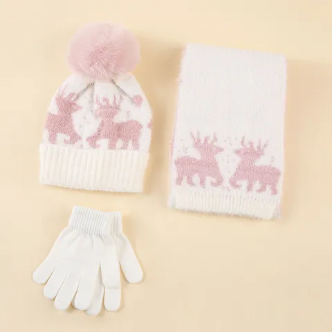 Kinder Weihnachten Rentier Jacquard Strick Hut Schal Und Handschuhe Set Winter Warm Bommel Mütze Schal Fäustlinge Set