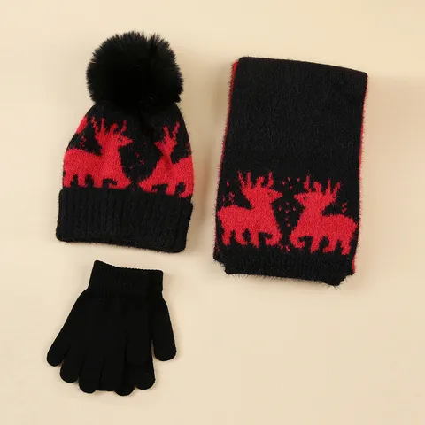 Kinder Weihnachten Rentier Jacquard Strick Hut Schal Und Handschuhe Set Winter Warm Bommel Mütze Schal Fäustlinge Set