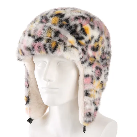 Women Plush Leopard Print Trapper Hat Winter Warm Windproof Lei Feng Hat With Ear Flaps Faux Fur Outdoor Russian Style Hat