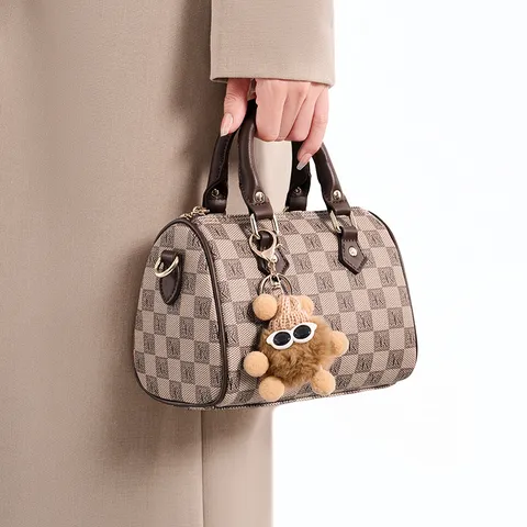 Women Boston Bag PU Leather Pillow Shape Handbag Plaid Letter Print Shoulder Bag With Bear Pendant Casual Travel Daily