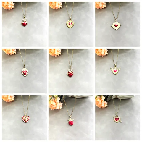 Collier Pendentif Croix Cœur Crâne Gothique Vintage Laiton Électroplaqué Émail Rouge Zirconia Strass Bijou Accessoire Pour Unisexe