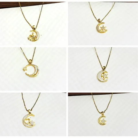 Collier Pendentif Lune Étoile en Laiton pour Femmes Élégant Micro Incrusté de Strass Plaqué Or Bijoux Minimalistes Modernes Cadeau