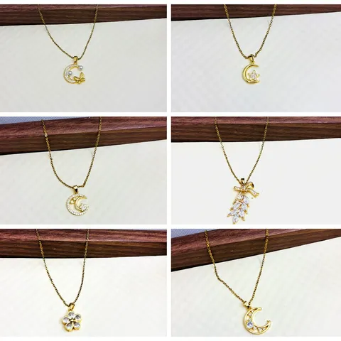 Collier Pendentif Lune Étoile Nœud en Laiton Plaqué Or pour Femme Bijoux Minimalistes avec Incrustations de Zirconia