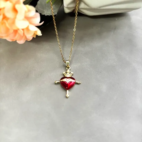 Collier Pendentif Croix Cœur Crâne Gothique Vintage Laiton Électroplaqué Émail Rouge Zirconia Strass Bijou Accessoire Pour Unisexe