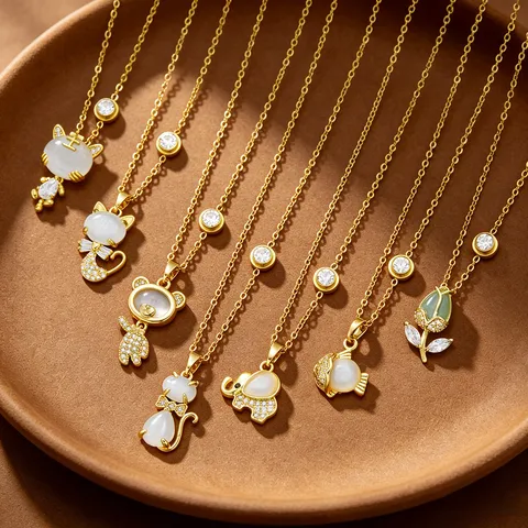 Stainless Steel Gold Plated Zirconia Artificial Cat's Eye Stone Necklace Tulip Cat Elephant Animal Pendant Jewelry For Women