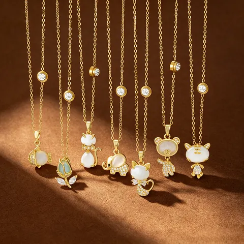 Stainless Steel Gold Plated Zirconia Artificial Cat's Eye Stone Necklace Tulip Cat Elephant Animal Pendant Jewelry For Women