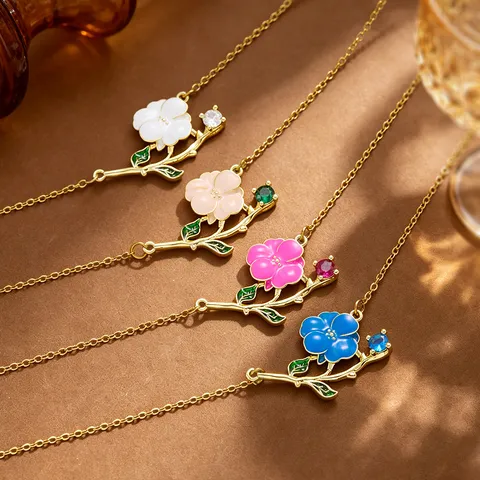 Gothic Dark Style Enamel Rose Flower Pendant Necklace For Women Stainless Steel Copper Zirconia Branch Clavicle Chain Jewelry