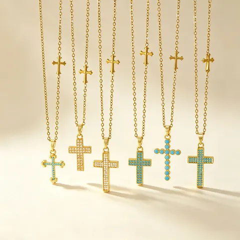 Simple Gold Plated Stainless Steel Copper Cross Pendant Necklace For Women Micro Inlaid Zirconia Religious Jewelry Gift
