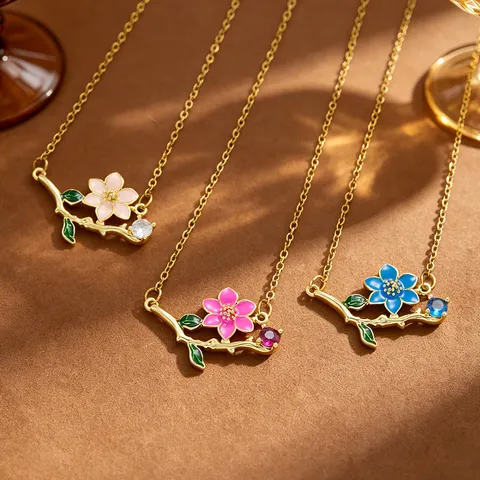 Gothic Dark Style Enamel Rose Flower Pendant Necklace For Women Stainless Steel Copper Zirconia Branch Clavicle Chain Jewelry