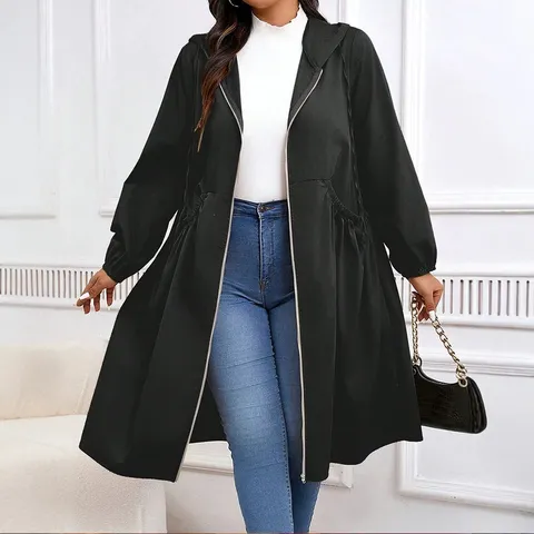 Women Plus Size Hooded Trench Coat Mid-length Polyester Windbreaker Loose Casual Zipper Outerwear Top With Drawstring Waist