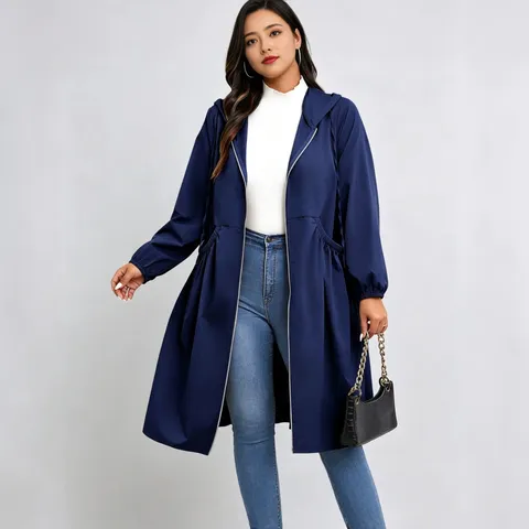 Women Plus Size Hooded Trench Coat Mid-length Polyester Windbreaker Loose Casual Zipper Outerwear Top With Drawstring Waist