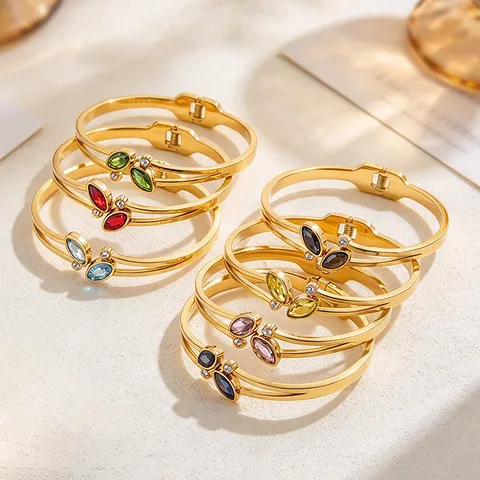 European American Style Stainless Steel Rhinestone Bracelet For Women 18K Gold Plated Vintage Luxury Marquise Bangle Jewelry