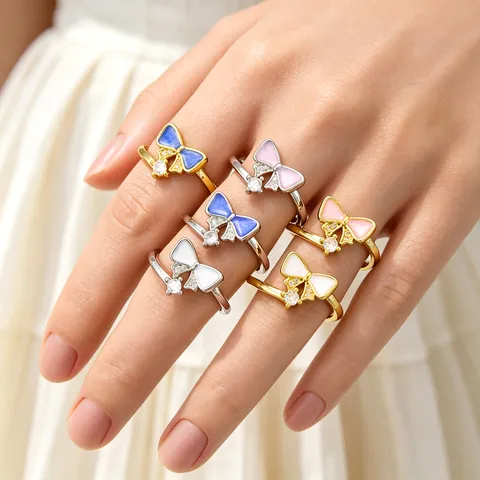 Sweet Bowknot Open Ring For Women Fresh Forest Style Copper Zirconia Enamel Resizable Finger Ring Fashion Jewelry