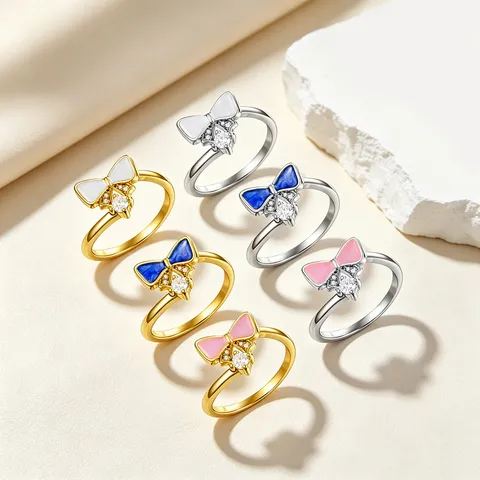 Sweet Bowknot Open Ring For Women Fresh Forest Style Copper Zirconia Enamel Resizable Finger Ring Fashion Jewelry