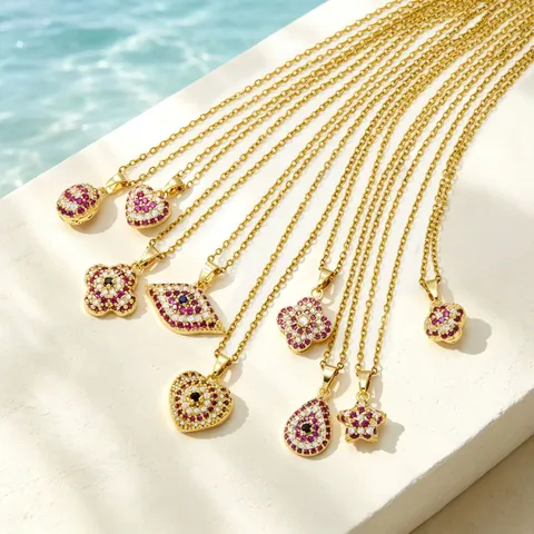 Fashion Stainless Steel Gold Plated Zirconia Geometric Pendant Necklace For Women Zircon Pave Evil Eye Heart Star Clover Jewelry