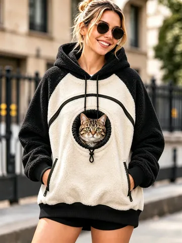 Women's Contrast Patchwork Polar Fleece Hoodie With Pet Cat Pocket Thick Warm Winter Casual Hooded Pullover Sweatshirt Top
